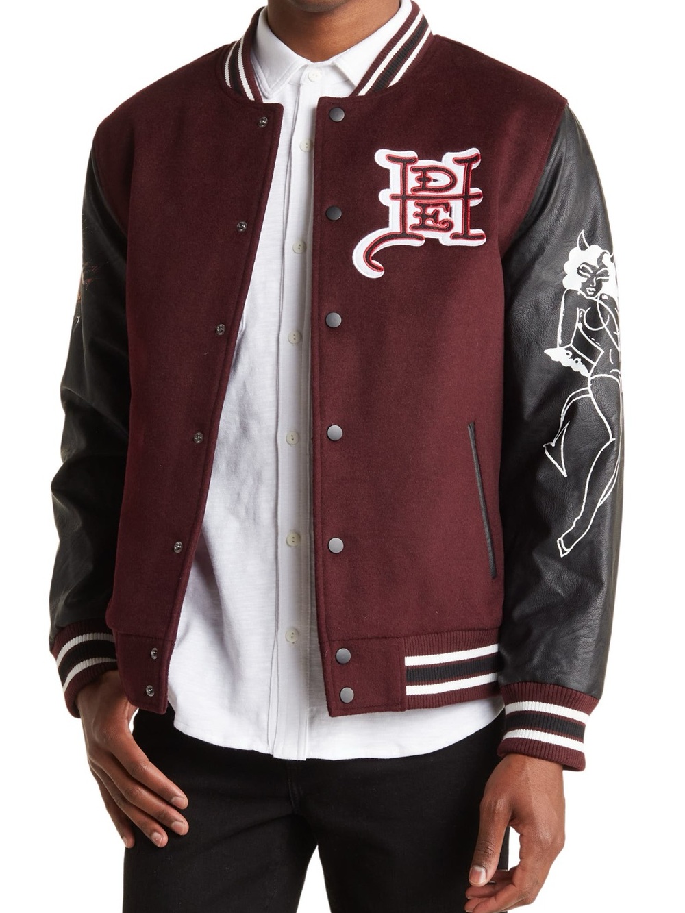 ED HARDY WOOL BLEND FAUX LEATHER DEATH OR GLORY VARSITY BOMBER JACKET BURGUNDY M